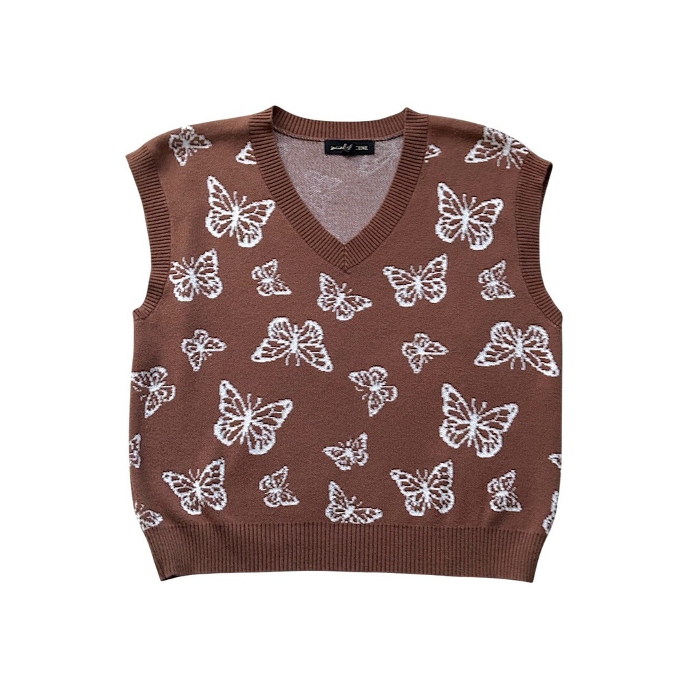 Social Scene Butterfly Knit Sweater Vest Size Medium Brown Y2K Cottagecore VNeck